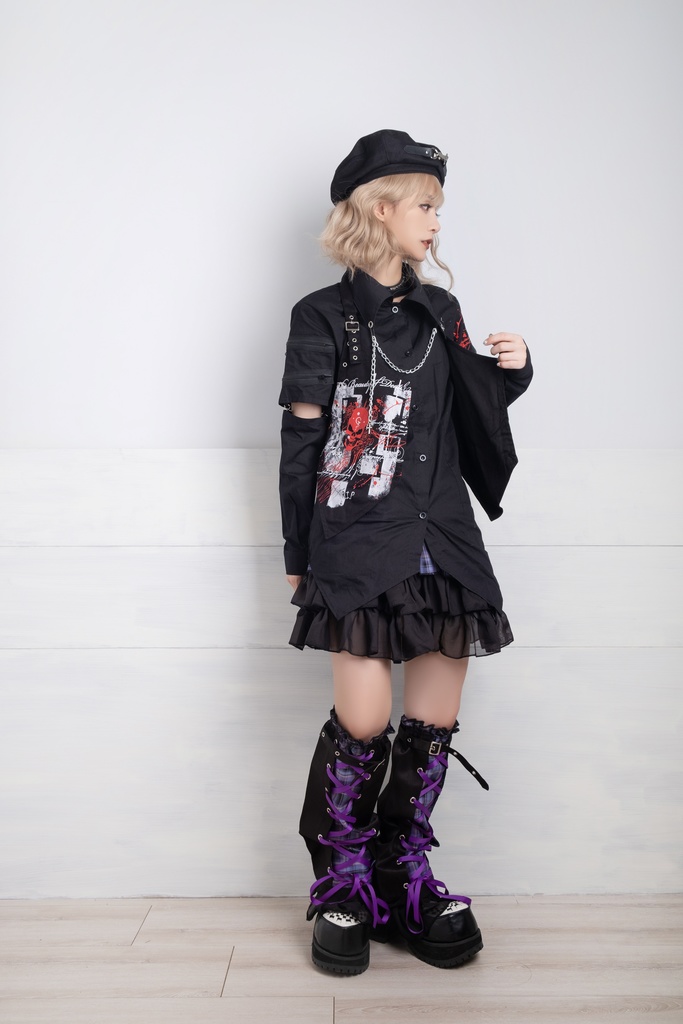 Jillpunk クラシックパンク ロック ヘヴィメタルスピリッツ 鉄チェーンウェストコートベスト アームカバー付き 半袖ドレスシャツ 2点セット オリジナルメンズ レディーズ おしゃれ男女兼用ファッション兄系カッコいい