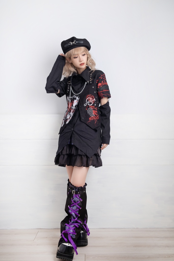 Jillpunk クラシックパンク ロック ヘヴィメタルスピリッツ 鉄チェーンウェストコートベスト アームカバー付き 半袖ドレスシャツ 2点セット オリジナルメンズ レディーズ おしゃれ男女兼用ファッション兄系カッコいい