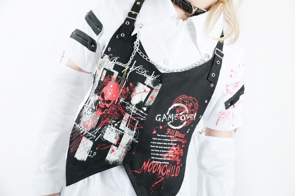 Jillpunk クラシックパンク ロック ヘヴィメタルスピリッツ 鉄チェーンウェストコートベスト アームカバー付き 半袖ドレスシャツ 2点セット オリジナルメンズ レディーズ おしゃれ男女兼用ファッション兄系カッコいい