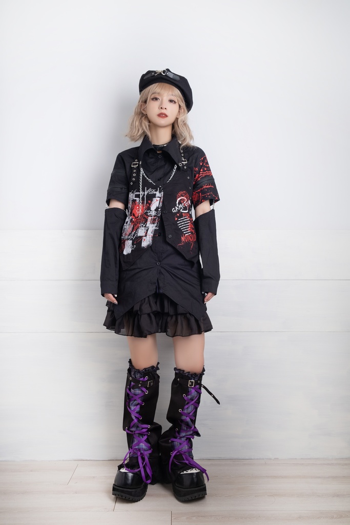 Jillpunk クラシックパンク ロック ヘヴィメタルスピリッツ 鉄チェーンウェストコートベスト アームカバー付き 半袖ドレスシャツ 2点セット オリジナルメンズ レディーズ おしゃれ男女兼用ファッション兄系カッコいい