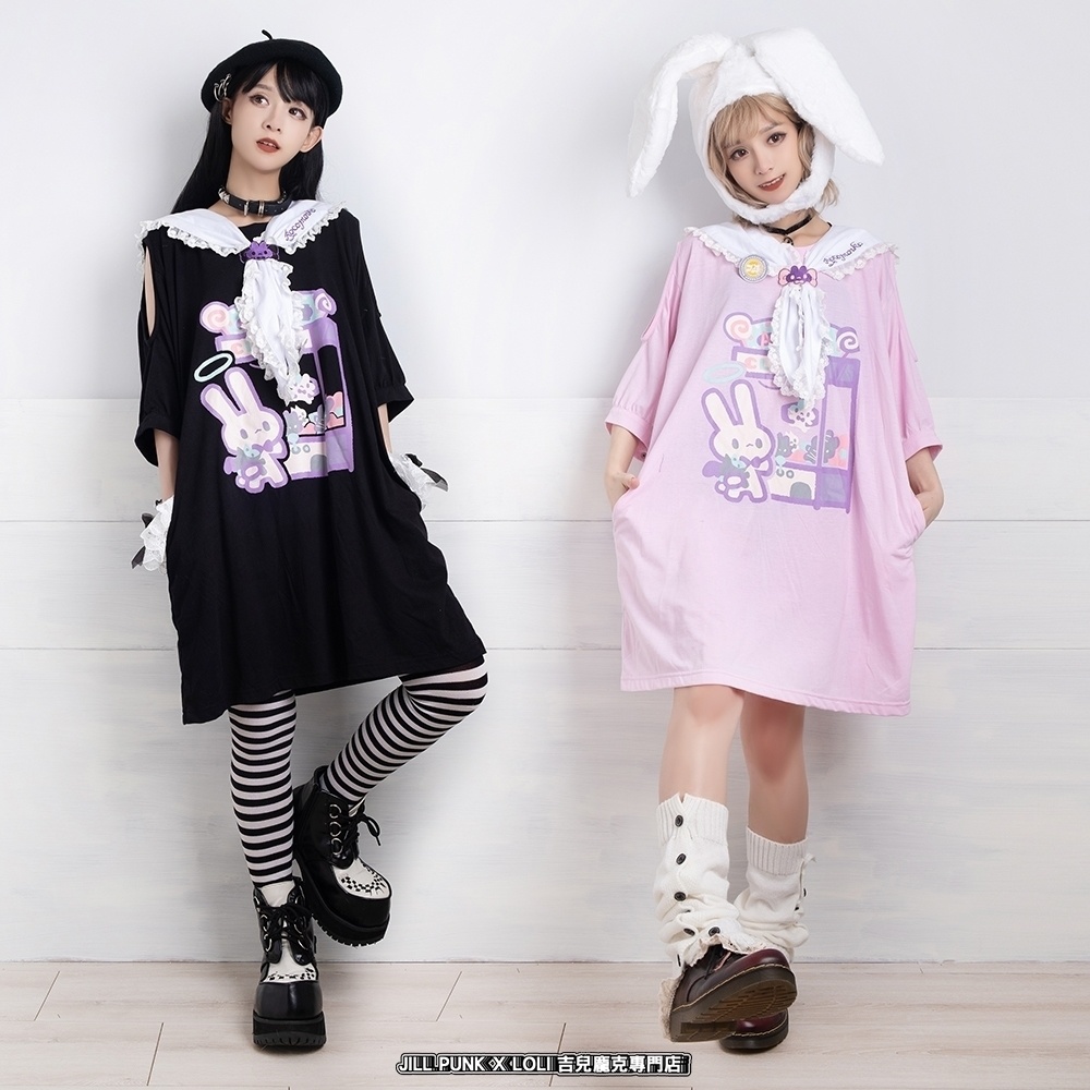 Jillpunkロリータ夢かわいい 可愛いおしゃれ 萌え テーマパーク クレーンゲーム ネクタイ付きレースヘム水兵服 兎耳セーラーカラー ゆったりワンピース・ドレス オリジナル原宿おしゃれ姫系森女