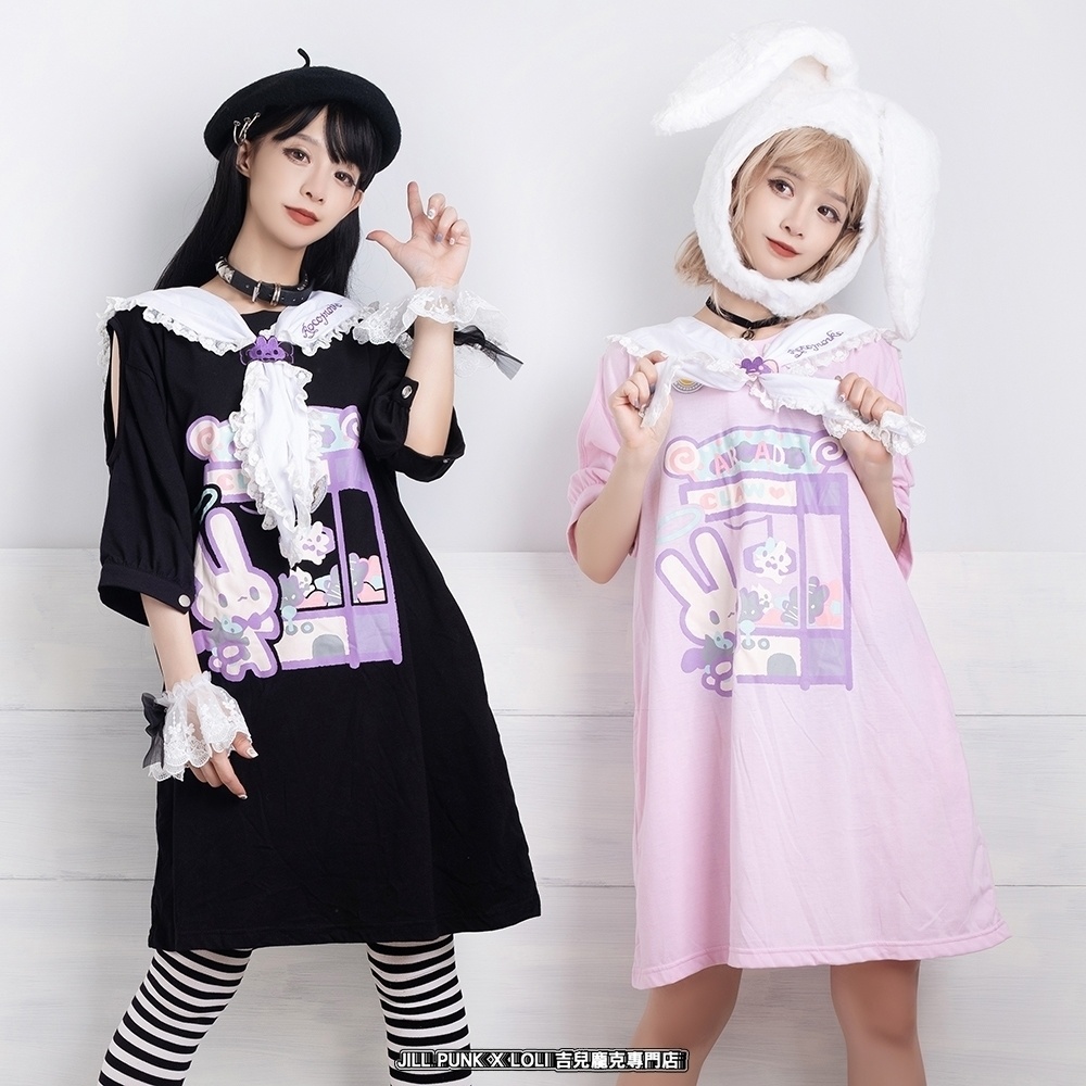 Jillpunkロリータ夢かわいい 可愛いおしゃれ 萌え テーマパーク クレーンゲーム ネクタイ付きレースヘム水兵服 兎耳セーラーカラー ゆったりワンピース・ドレス オリジナル原宿おしゃれ姫系森女
