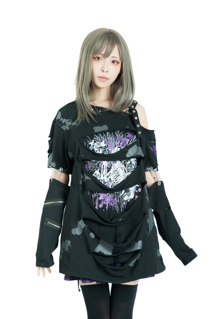 Jillpunk グランジパンク 悪夢心魔 インクプリント ワンショルダーカット 服ビリ 重ね着 アームカバー付き カットソーtシャツ セクシー ロック ヘヴィメタル オリジナルメンズ レディーズ おしゃれ男女兼用ファッションカッコいい