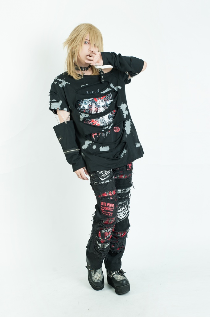 Jillpunk グランジパンク 悪夢心魔 インクプリント ワンショルダーカット 服ビリ 重ね着 アームカバー付き カットソーtシャツ セクシー ロック ヘヴィメタル オリジナルメンズ レディーズ おしゃれ男女兼用ファッションカッコいい