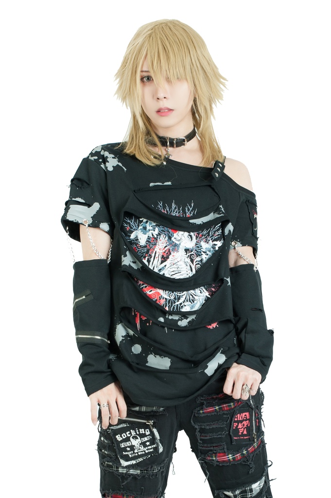 Jillpunk グランジパンク 悪夢心魔 インクプリント ワンショルダーカット 服ビリ 重ね着 アームカバー付き カットソーtシャツ セクシー ロック ヘヴィメタル オリジナルメンズ レディーズ おしゃれ男女兼用ファッションカッコいい
