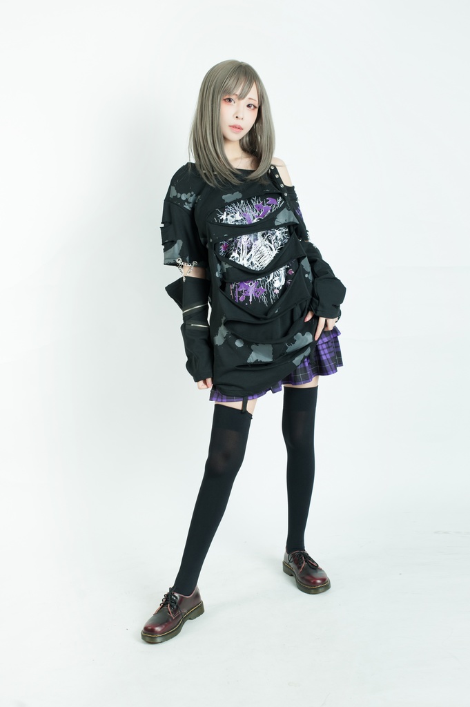 Jillpunk グランジパンク 悪夢心魔 インクプリント ワンショルダーカット 服ビリ 重ね着 アームカバー付き カットソーtシャツ セクシー ロック ヘヴィメタル オリジナルメンズ レディーズ おしゃれ男女兼用ファッションカッコいい