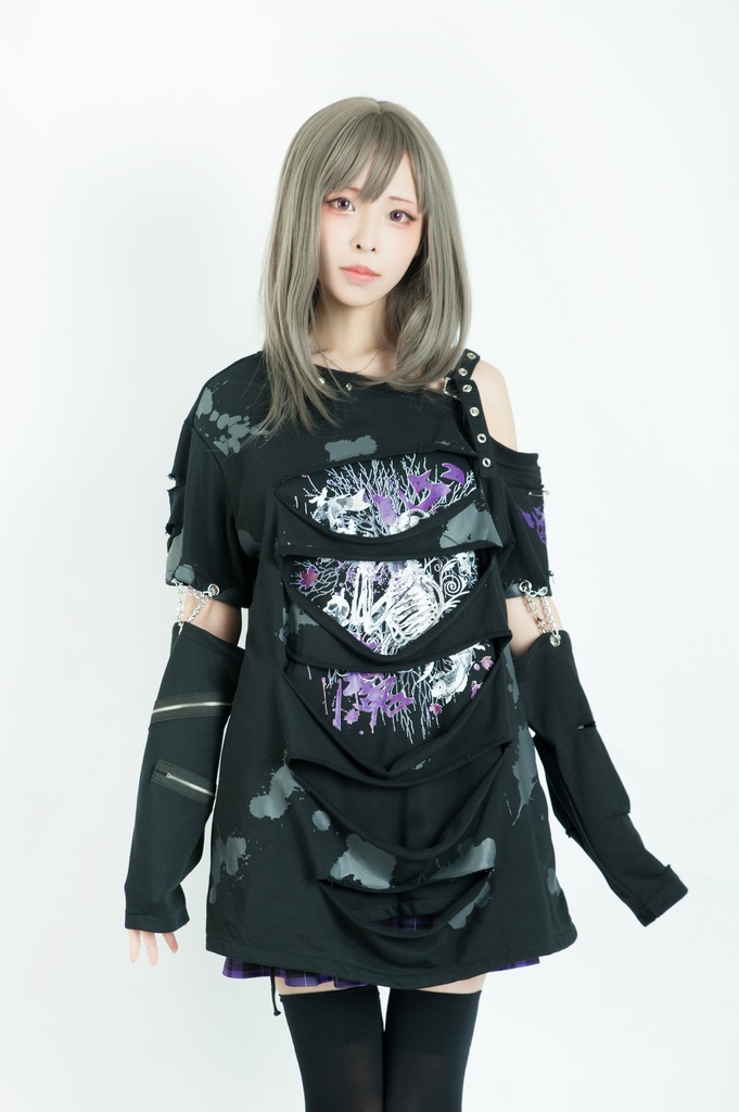 Jillpunk グランジパンク 悪夢心魔 インクプリント ワンショルダーカット 服ビリ 重ね着 アームカバー付き カットソーtシャツ セクシー ロック ヘヴィメタル オリジナルメンズ レディーズ おしゃれ男女兼用ファッションカッコいい