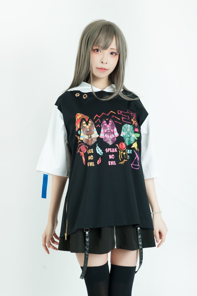 Jillpunk芝麻コラボアニメ 可愛い お宅 ニ次コン エジプト神話ベビー アヌビス守護神 犬耳 ゆったり半袖パーカ― オリジナル メンズ レディーズ おしゃれ 男女兼用 ファッション 秋葉系