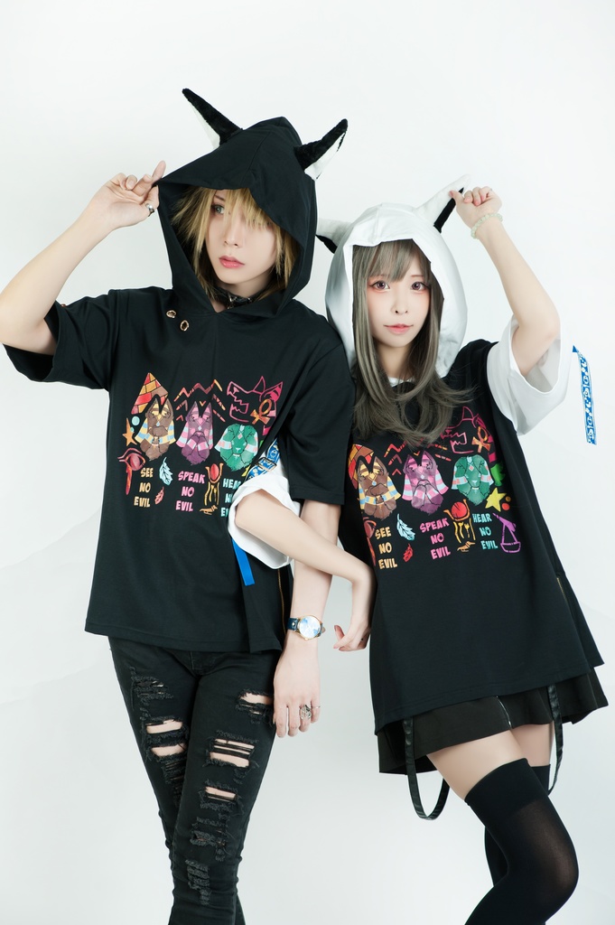 Jillpunk芝麻コラボアニメ 可愛い お宅 ニ次コン エジプト神話ベビー アヌビス守護神 犬耳 ゆったり半袖パーカ― オリジナル メンズ レディーズ おしゃれ 男女兼用 ファッション 秋葉系