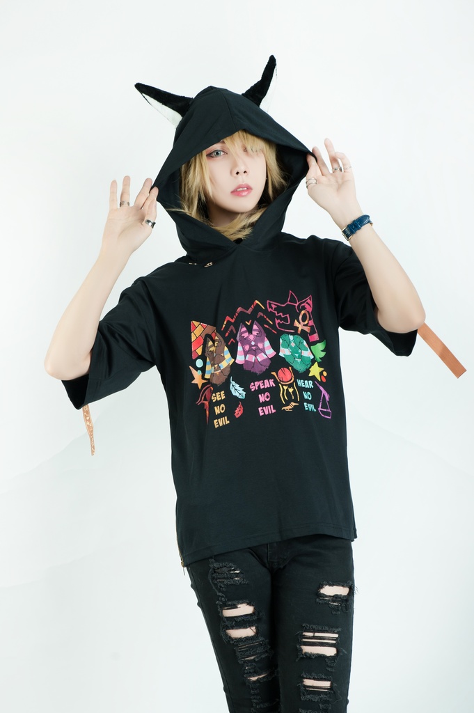 Jillpunk芝麻コラボアニメ 可愛い お宅 ニ次コン エジプト神話ベビー アヌビス守護神 犬耳 ゆったり半袖パーカ― オリジナル メンズ レディーズ おしゃれ 男女兼用 ファッション 秋葉系