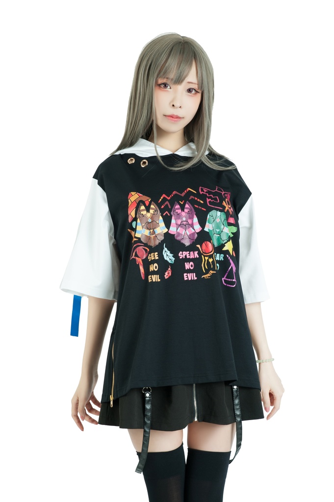 Jillpunk芝麻コラボアニメ 可愛い お宅 ニ次コン エジプト神話ベビー アヌビス守護神 犬耳 ゆったり半袖パーカ― オリジナル メンズ レディーズ おしゃれ 男女兼用 ファッション 秋葉系