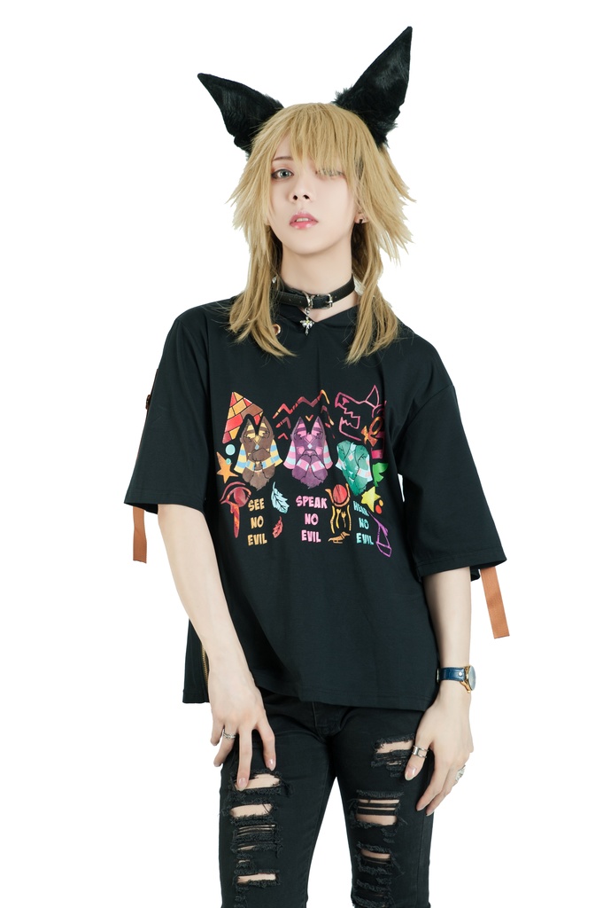 Jillpunk芝麻コラボアニメ 可愛い お宅 ニ次コン エジプト神話ベビー アヌビス守護神 犬耳 ゆったり半袖パーカ― オリジナル メンズ レディーズ おしゃれ 男女兼用 ファッション 秋葉系