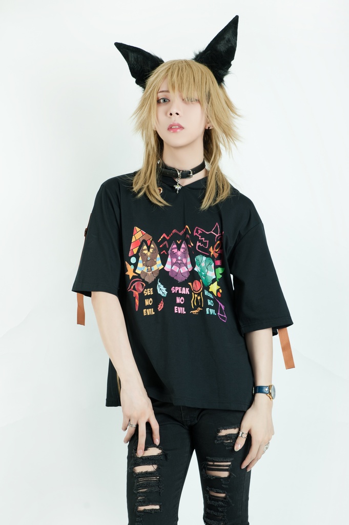 Jillpunk芝麻コラボアニメ 可愛い お宅 ニ次コン エジプト神話ベビー アヌビス守護神 犬耳 ゆったり半袖パーカ― オリジナル メンズ レディーズ おしゃれ 男女兼用 ファッション 秋葉系