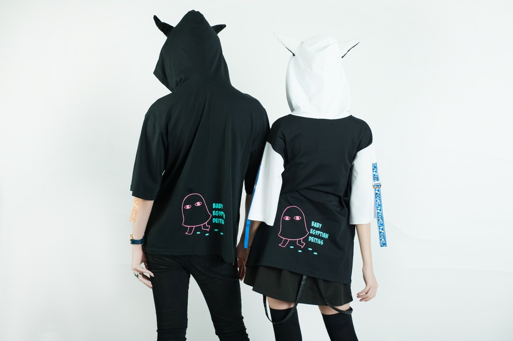 Jillpunk芝麻コラボアニメ 可愛い お宅 ニ次コン エジプト神話ベビー アヌビス守護神 犬耳 ゆったり半袖パーカ― オリジナル メンズ レディーズ おしゃれ 男女兼用 ファッション 秋葉系