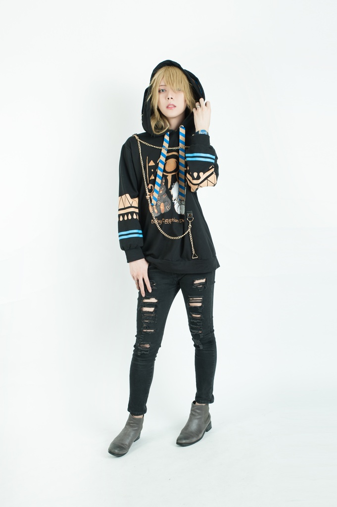 Jillpunk芝麻コラボアニメ 可愛い お宅 ニ次コン エジプト神話ベビー ウェネト女神 兎耳 ゆったり ファラオプリント チェーン付き長袖パーカ― オリジナル メンズ レディーズ おしゃれ 男女兼用 ファッション 秋葉系