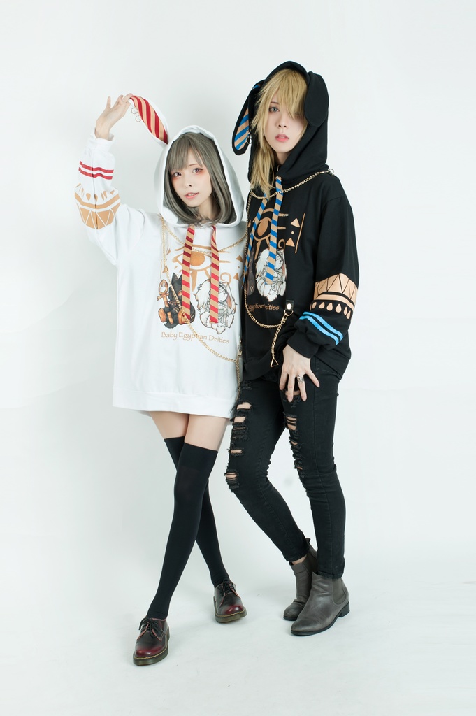 Jillpunk芝麻コラボアニメ 可愛い お宅 ニ次コン エジプト神話ベビー ウェネト女神 兎耳 ゆったり ファラオプリント チェーン付き長袖パーカ― オリジナル メンズ レディーズ おしゃれ 男女兼用 ファッション 秋葉系