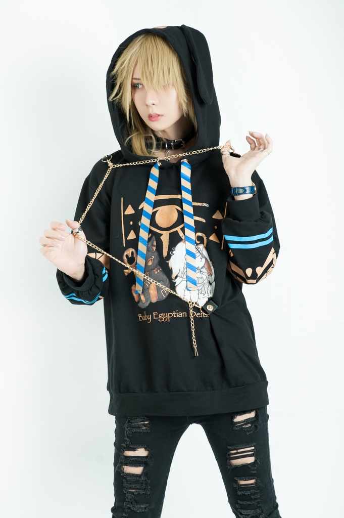 Jillpunk芝麻コラボアニメ 可愛い お宅 ニ次コン エジプト神話ベビー ウェネト女神 兎耳 ゆったり ファラオプリント チェーン付き長袖パーカ― オリジナル メンズ レディーズ おしゃれ 男女兼用 ファッション 秋葉系