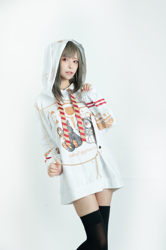 Jillpunk芝麻コラボアニメ 可愛い お宅 ニ次コン エジプト神話ベビー ウェネト女神 兎耳 ゆったり ファラオプリント チェーン付き長袖パーカ― オリジナル メンズ レディーズ おしゃれ 男女兼用 ファッション 秋葉系