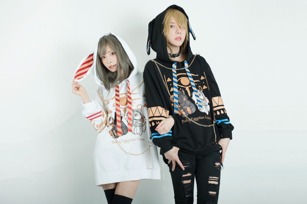 Jillpunk芝麻コラボアニメ 可愛い お宅 ニ次コン エジプト神話ベビー ウェネト女神 兎耳 ゆったり ファラオプリント チェーン付き長袖パーカ― オリジナル メンズ レディーズ おしゃれ 男女兼用 ファッション 秋葉系