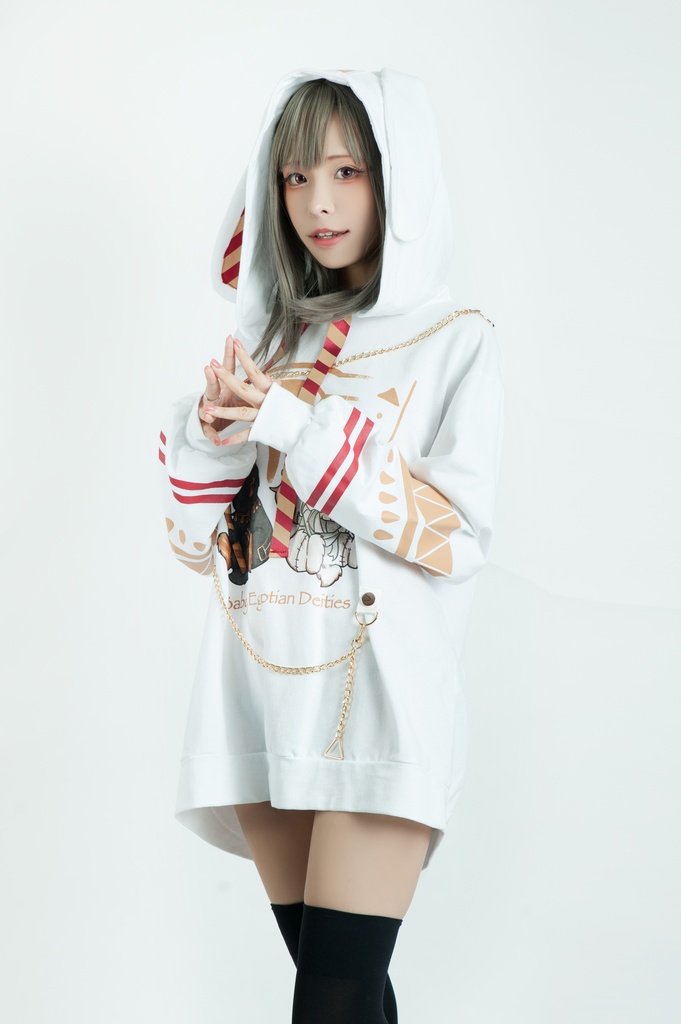 Jillpunk芝麻コラボアニメ 可愛い お宅 ニ次コン エジプト神話ベビー ウェネト女神 兎耳 ゆったり ファラオプリント チェーン付き長袖パーカ― オリジナル メンズ レディーズ おしゃれ 男女兼用 ファッション 秋葉系