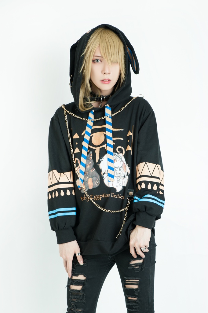Jillpunk芝麻コラボアニメ 可愛い お宅 ニ次コン エジプト神話ベビー ウェネト女神 兎耳 ゆったり ファラオプリント チェーン付き長袖パーカ― オリジナル メンズ レディーズ おしゃれ 男女兼用 ファッション 秋葉系