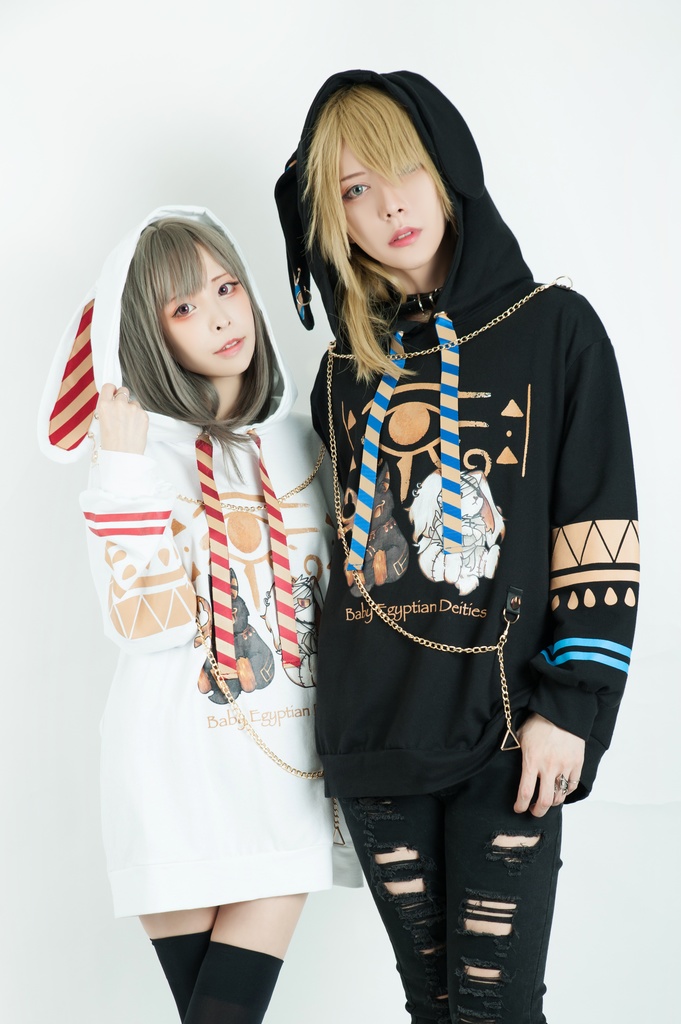 Jillpunk芝麻コラボアニメ 可愛い お宅 ニ次コン エジプト神話ベビー ウェネト女神 兎耳 ゆったり ファラオプリント チェーン付き長袖パーカ― オリジナル メンズ レディーズ おしゃれ 男女兼用 ファッション 秋葉系