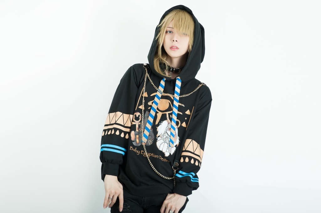 Jillpunk芝麻コラボアニメ 可愛い お宅 ニ次コン エジプト神話ベビー ウェネト女神 兎耳 ゆったり ファラオプリント チェーン付き長袖パーカ― オリジナル メンズ レディーズ おしゃれ 男女兼用 ファッション 秋葉系