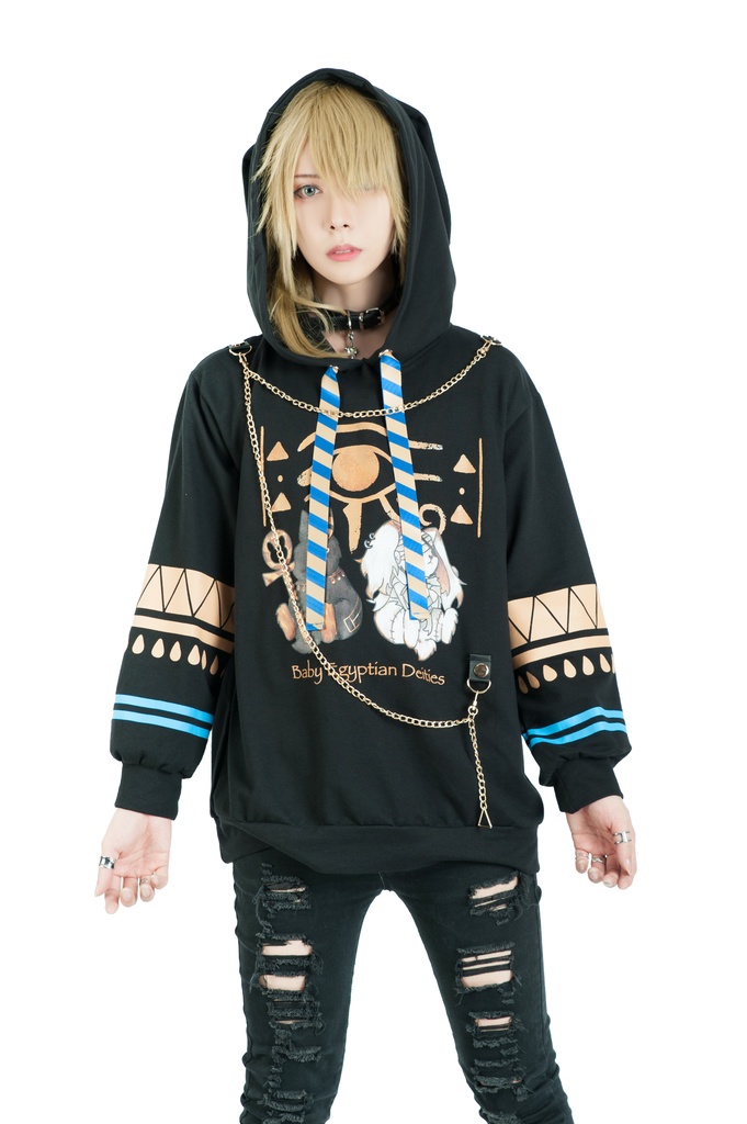 Jillpunk芝麻コラボアニメ 可愛い お宅 ニ次コン エジプト神話ベビー ウェネト女神 兎耳 ゆったり ファラオプリント チェーン付き長袖パーカ― オリジナル メンズ レディーズ おしゃれ 男女兼用 ファッション 秋葉系