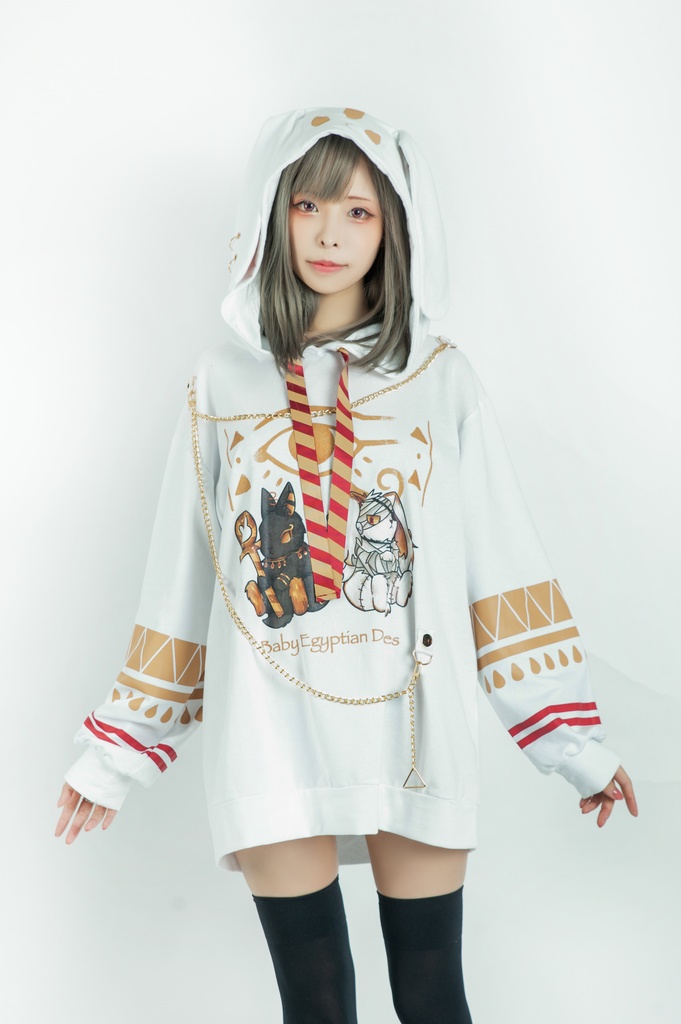 Jillpunk芝麻コラボアニメ 可愛い お宅 ニ次コン エジプト神話ベビー ウェネト女神 兎耳 ゆったり ファラオプリント チェーン付き長袖パーカ― オリジナル メンズ レディーズ おしゃれ 男女兼用 ファッション 秋葉系