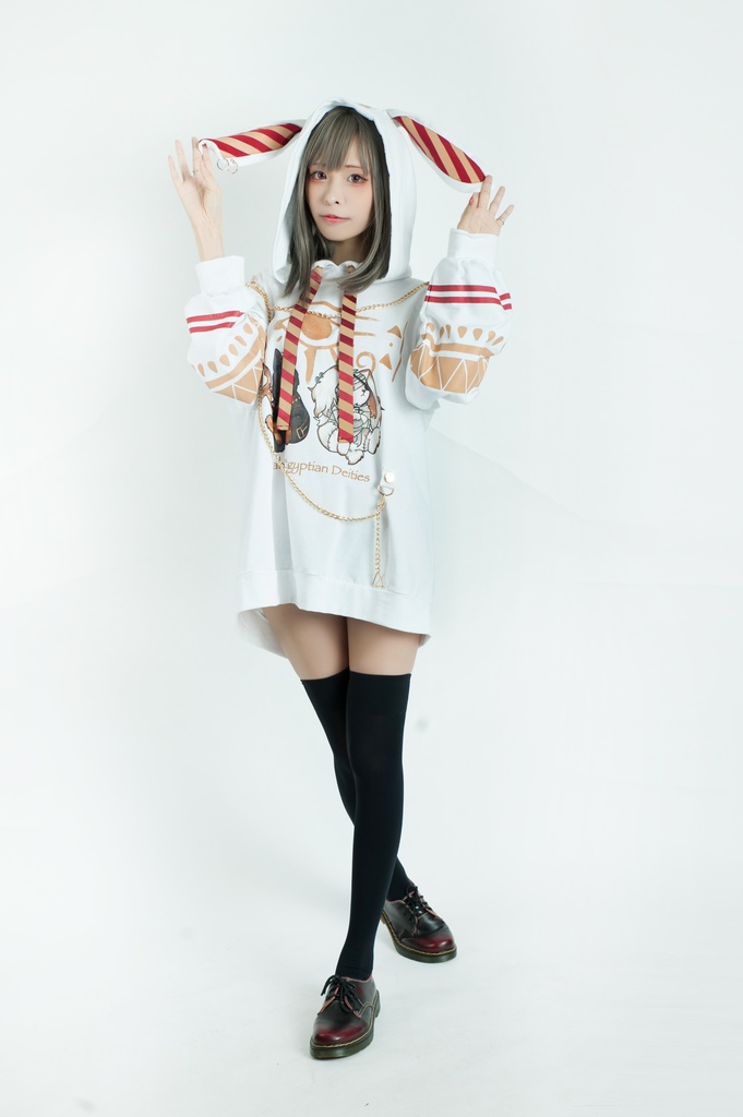 Jillpunk芝麻コラボアニメ 可愛い お宅 ニ次コン エジプト神話ベビー ウェネト女神 兎耳 ゆったり ファラオプリント チェーン付き長袖パーカ― オリジナル メンズ レディーズ おしゃれ 男女兼用 ファッション 秋葉系