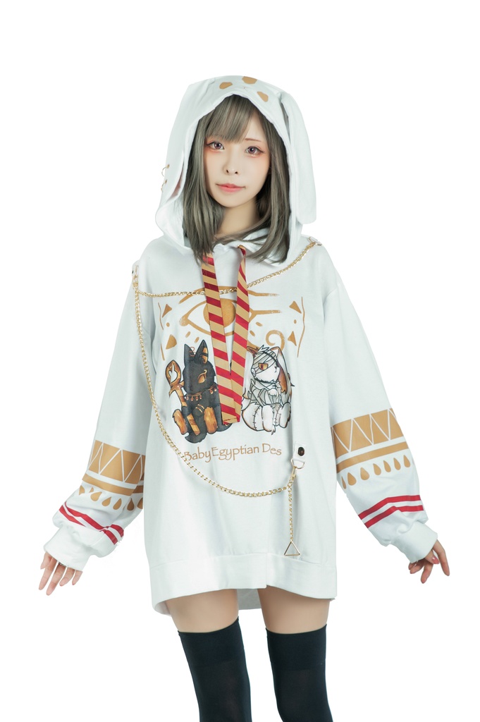 Jillpunk芝麻コラボアニメ 可愛い お宅 ニ次コン エジプト神話ベビー ウェネト女神 兎耳 ゆったり ファラオプリント チェーン付き長袖パーカ― オリジナル メンズ レディーズ おしゃれ 男女兼用 ファッション 秋葉系