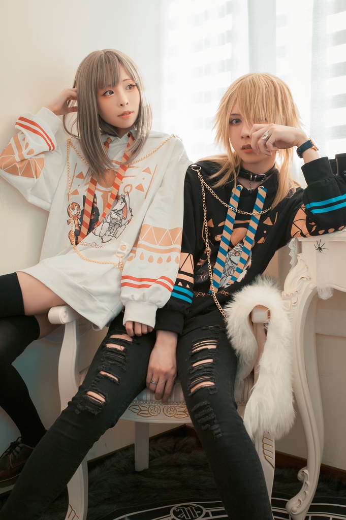 Jillpunk芝麻コラボアニメ 可愛い お宅 ニ次コン エジプト神話ベビー ウェネト女神 兎耳 ゆったり ファラオプリント チェーン付き長袖パーカ― オリジナル メンズ レディーズ おしゃれ 男女兼用 ファッション 秋葉系