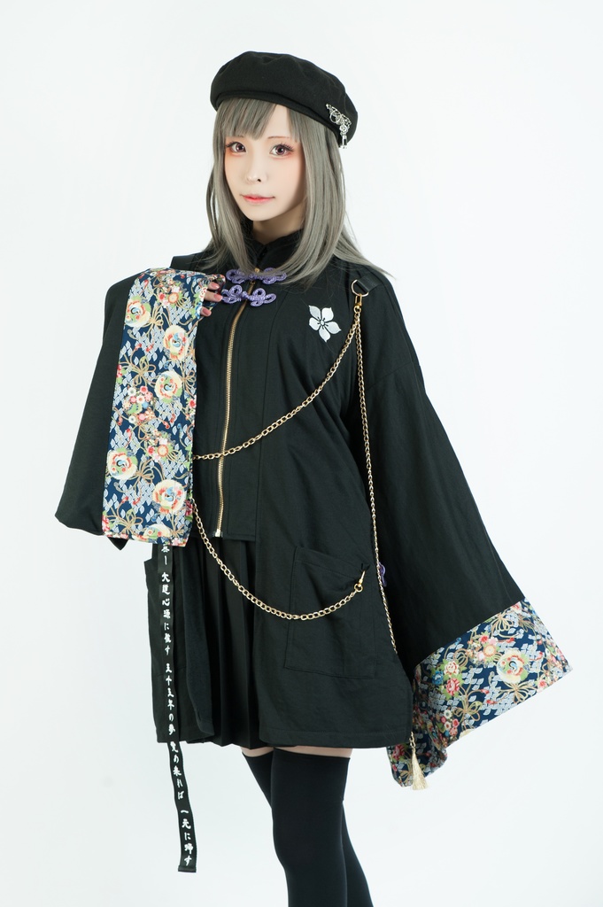 Jillpunk和風モード戦国武将物語 本能寺の変 明智光秀 家紋刺繡 花柄キモノスリーブ 重ね着風チェーン付き現代羽織 和装ジャケットブレザー オリジナル メンズ レディー V系カッコいい おしゃれ男女兼用ファッション秋葉系