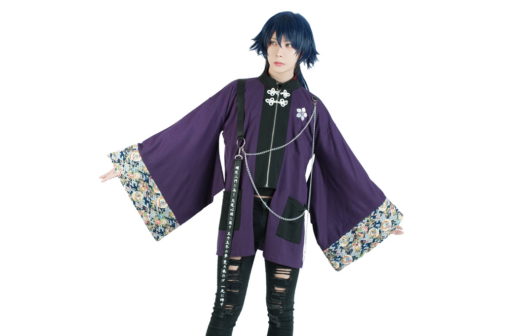 Jillpunk和風モード戦国武将物語 本能寺の変 明智光秀 家紋刺繡 花柄キモノスリーブ 重ね着風チェーン付き現代羽織 和装ジャケットブレザー オリジナル メンズ レディー V系カッコいい おしゃれ男女兼用ファッション秋葉系