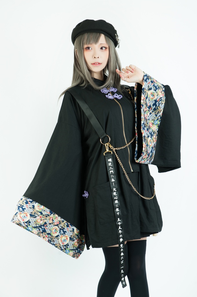 Jillpunk和風モード戦国武将物語 本能寺の変 明智光秀 家紋刺繡 花柄キモノスリーブ 重ね着風チェーン付き現代羽織 和装ジャケットブレザー オリジナル メンズ レディー V系カッコいい おしゃれ男女兼用ファッション秋葉系