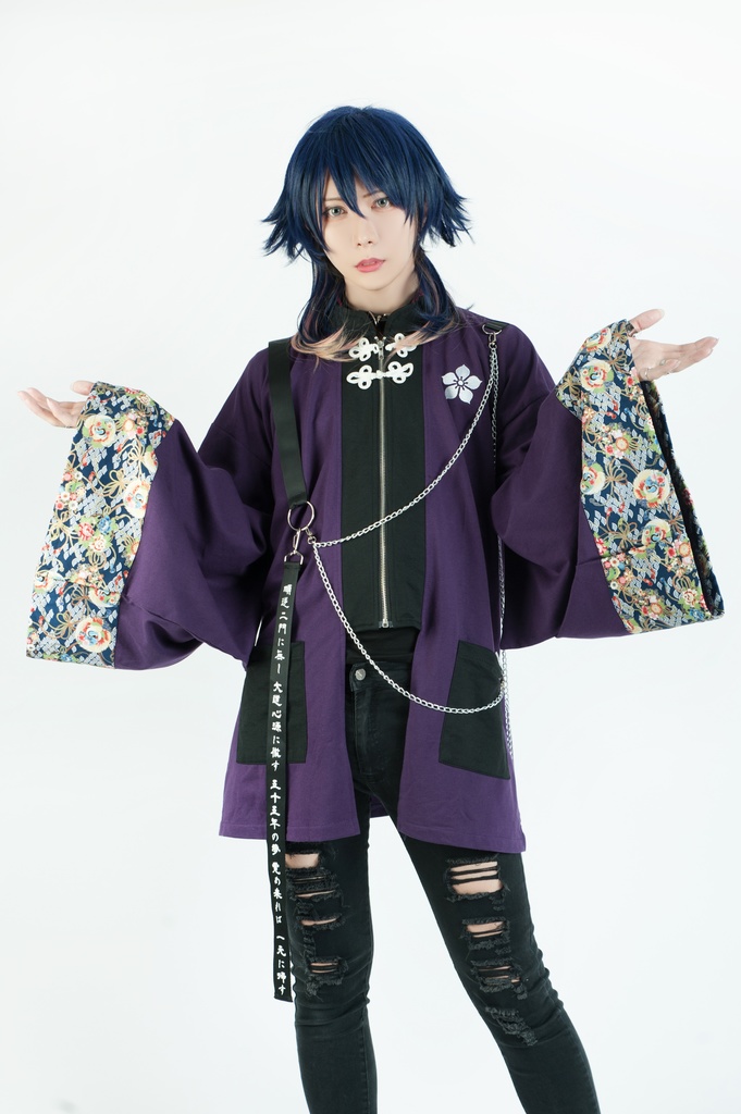 Jillpunk和風モード戦国武将物語 本能寺の変 明智光秀 家紋刺繡 花柄キモノスリーブ 重ね着風チェーン付き現代羽織 和装ジャケットブレザー オリジナル メンズ レディー V系カッコいい おしゃれ男女兼用ファッション秋葉系