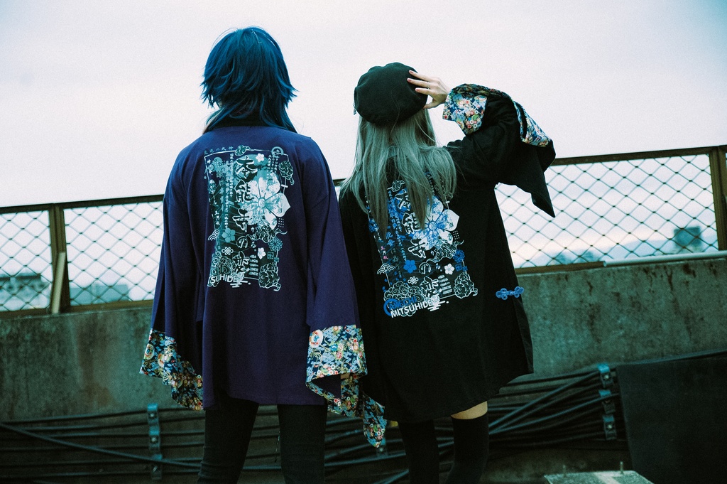 Jillpunk和風モード戦国武将物語 本能寺の変 明智光秀 家紋刺繡 花柄キモノスリーブ 重ね着風チェーン付き現代羽織 和装ジャケットブレザー オリジナル メンズ レディー V系カッコいい おしゃれ男女兼用ファッション秋葉系