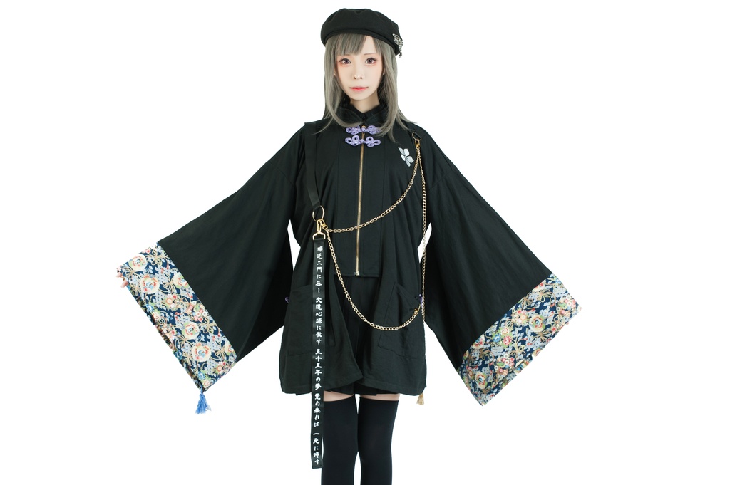 Jillpunk和風モード戦国武将物語 本能寺の変 明智光秀 家紋刺繡 花柄キモノスリーブ 重ね着風チェーン付き現代羽織 和装ジャケットブレザー オリジナル メンズ レディー V系カッコいい おしゃれ男女兼用ファッション秋葉系