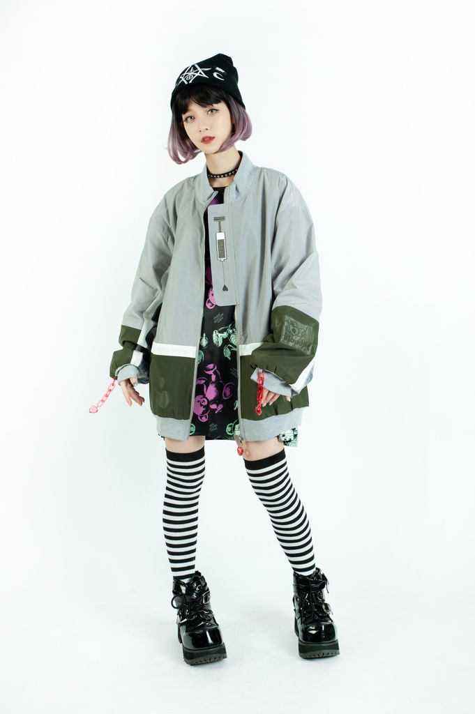 Jillpunkメンヘラ病みカワ rinihimmeコラボ ネコ救急隊猫 タータンチェック柄 チュールカバー タウンユース ジェリーチャーム付き 長袖ウィンドウブレーカー ジャケット オリジナル メンズレディース 森系 ロリータ おしゃれ可愛い地雷系萌え