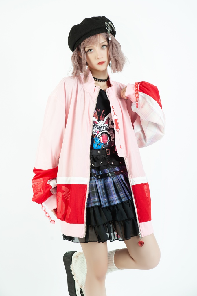 Jillpunkメンヘラ病みカワ rinihimmeコラボ ネコ救急隊猫 タータンチェック柄 チュールカバー タウンユース ジェリーチャーム付き 長袖ウィンドウブレーカー ジャケット オリジナル メンズレディース 森系 ロリータ おしゃれ可愛い地雷系萌え