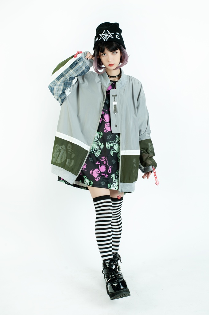 Jillpunkメンヘラ病みカワ rinihimmeコラボ ネコ救急隊猫 タータンチェック柄 チュールカバー タウンユース ジェリーチャーム付き 長袖ウィンドウブレーカー ジャケット オリジナル メンズレディース 森系 ロリータ おしゃれ可愛い地雷系萌え