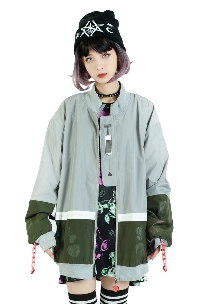 Jillpunkメンヘラ病みカワ rinihimmeコラボ ネコ救急隊猫 タータンチェック柄 チュールカバー タウンユース ジェリーチャーム付き 長袖ウィンドウブレーカー ジャケット オリジナル メンズレディース 森系 ロリータ おしゃれ可愛い地雷系萌え