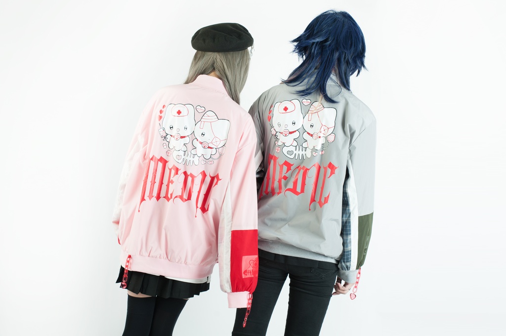 Jillpunkメンヘラ病みカワ rinihimmeコラボ ネコ救急隊猫 タータンチェック柄 チュールカバー タウンユース ジェリーチャーム付き 長袖ウィンドウブレーカー ジャケット オリジナル メンズレディース 森系 ロリータ おしゃれ可愛い地雷系萌え