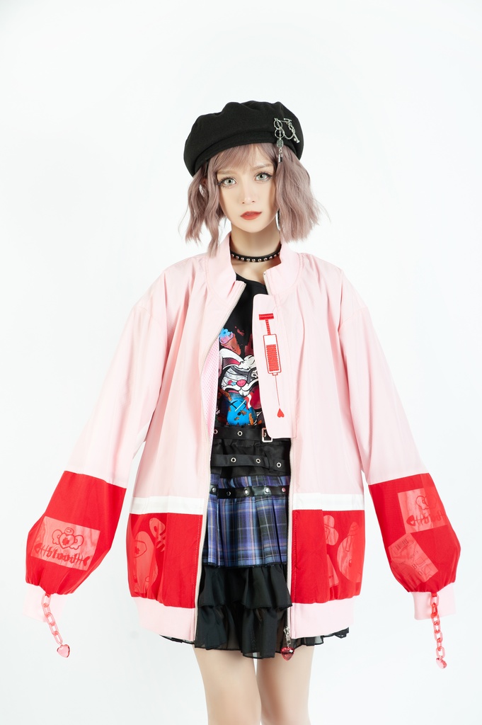 Jillpunkメンヘラ病みカワ rinihimmeコラボ ネコ救急隊猫 タータンチェック柄 チュールカバー タウンユース ジェリーチャーム付き 長袖ウィンドウブレーカー ジャケット オリジナル メンズレディース 森系 ロリータ おしゃれ可愛い地雷系萌え