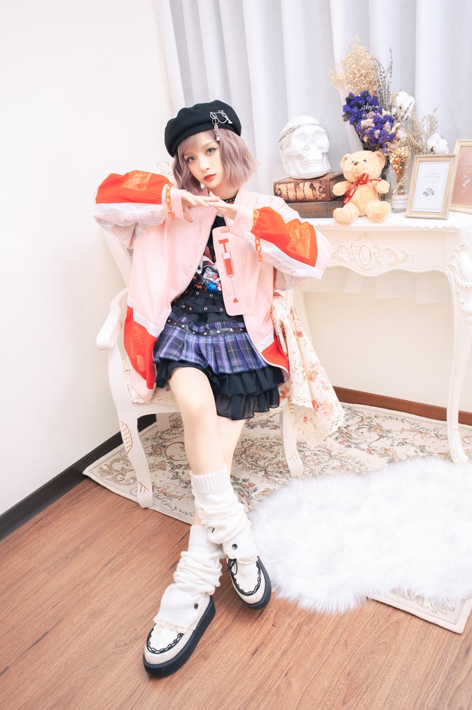 Jillpunkメンヘラ病みカワ rinihimmeコラボ ネコ救急隊猫 タータンチェック柄 チュールカバー タウンユース ジェリーチャーム付き 長袖ウィンドウブレーカー ジャケット オリジナル メンズレディース 森系 ロリータ おしゃれ可愛い地雷系萌え