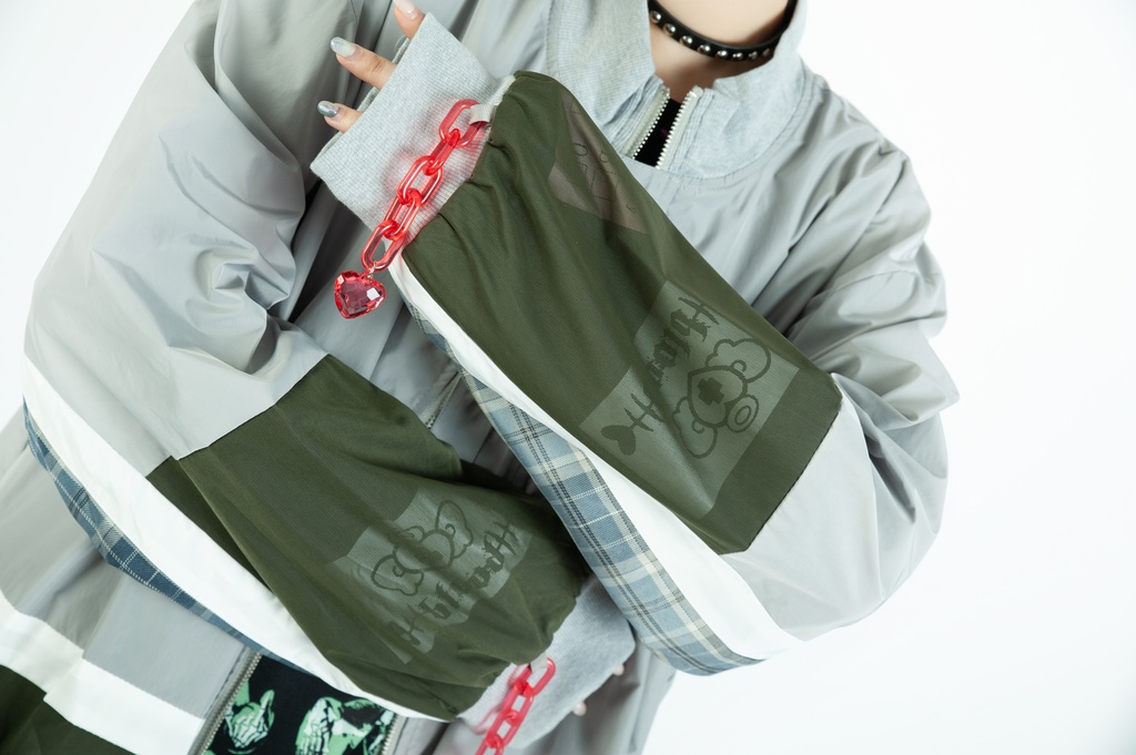 Jillpunkメンヘラ病みカワ rinihimmeコラボ ネコ救急隊猫 タータンチェック柄 チュールカバー タウンユース ジェリーチャーム付き 長袖ウィンドウブレーカー ジャケット オリジナル メンズレディース 森系 ロリータ おしゃれ可愛い地雷系萌え