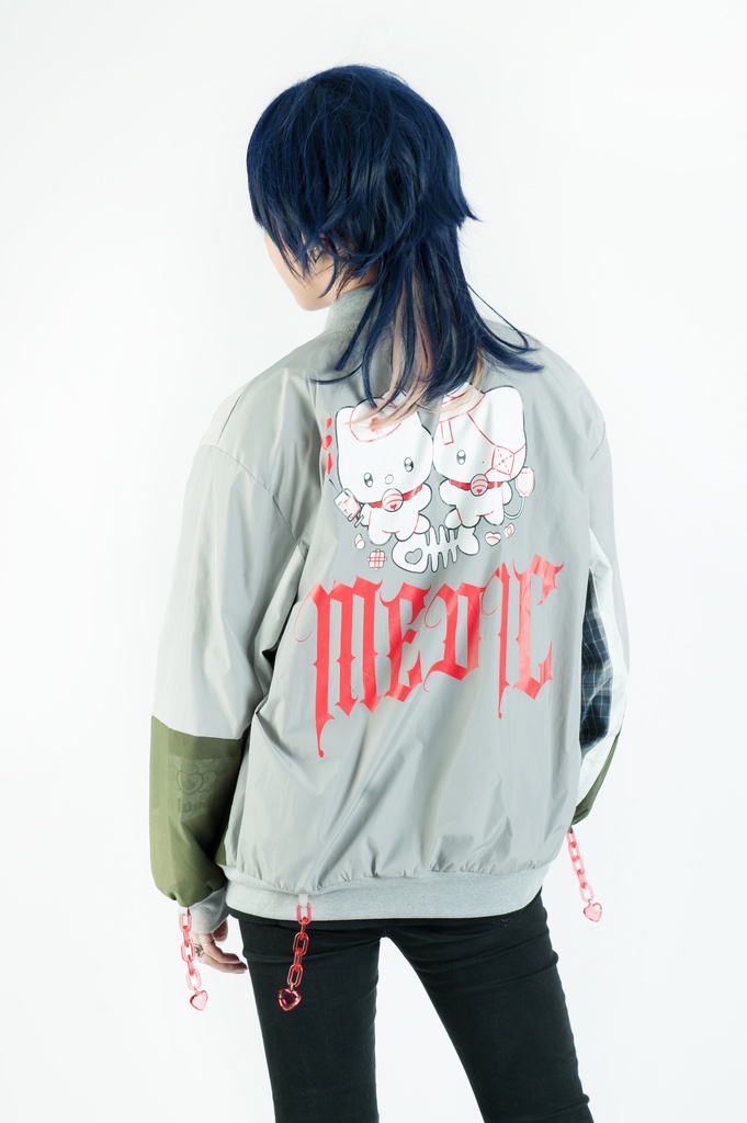 Jillpunkメンヘラ病みカワ rinihimmeコラボ ネコ救急隊猫 タータンチェック柄 チュールカバー タウンユース ジェリーチャーム付き 長袖ウィンドウブレーカー ジャケット オリジナル メンズレディース 森系 ロリータ おしゃれ可愛い地雷系萌え