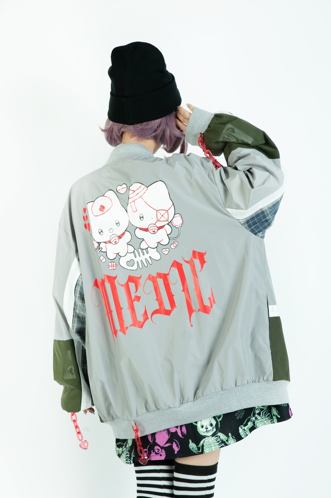 Jillpunkメンヘラ病みカワ rinihimmeコラボ ネコ救急隊猫 タータンチェック柄 チュールカバー タウンユース ジェリーチャーム付き 長袖ウィンドウブレーカー ジャケット オリジナル メンズレディース 森系 ロリータ おしゃれ可愛い地雷系萌え