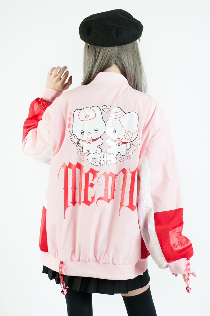 Jillpunkメンヘラ病みカワ rinihimmeコラボ ネコ救急隊猫 タータンチェック柄 チュールカバー タウンユース ジェリーチャーム付き 長袖ウィンドウブレーカー ジャケット オリジナル メンズレディース 森系 ロリータ おしゃれ可愛い地雷系萌え