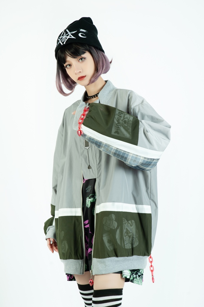 Jillpunkメンヘラ病みカワ rinihimmeコラボ ネコ救急隊猫 タータンチェック柄 チュールカバー タウンユース ジェリーチャーム付き 長袖ウィンドウブレーカー ジャケット オリジナル メンズレディース 森系 ロリータ おしゃれ可愛い地雷系萌え